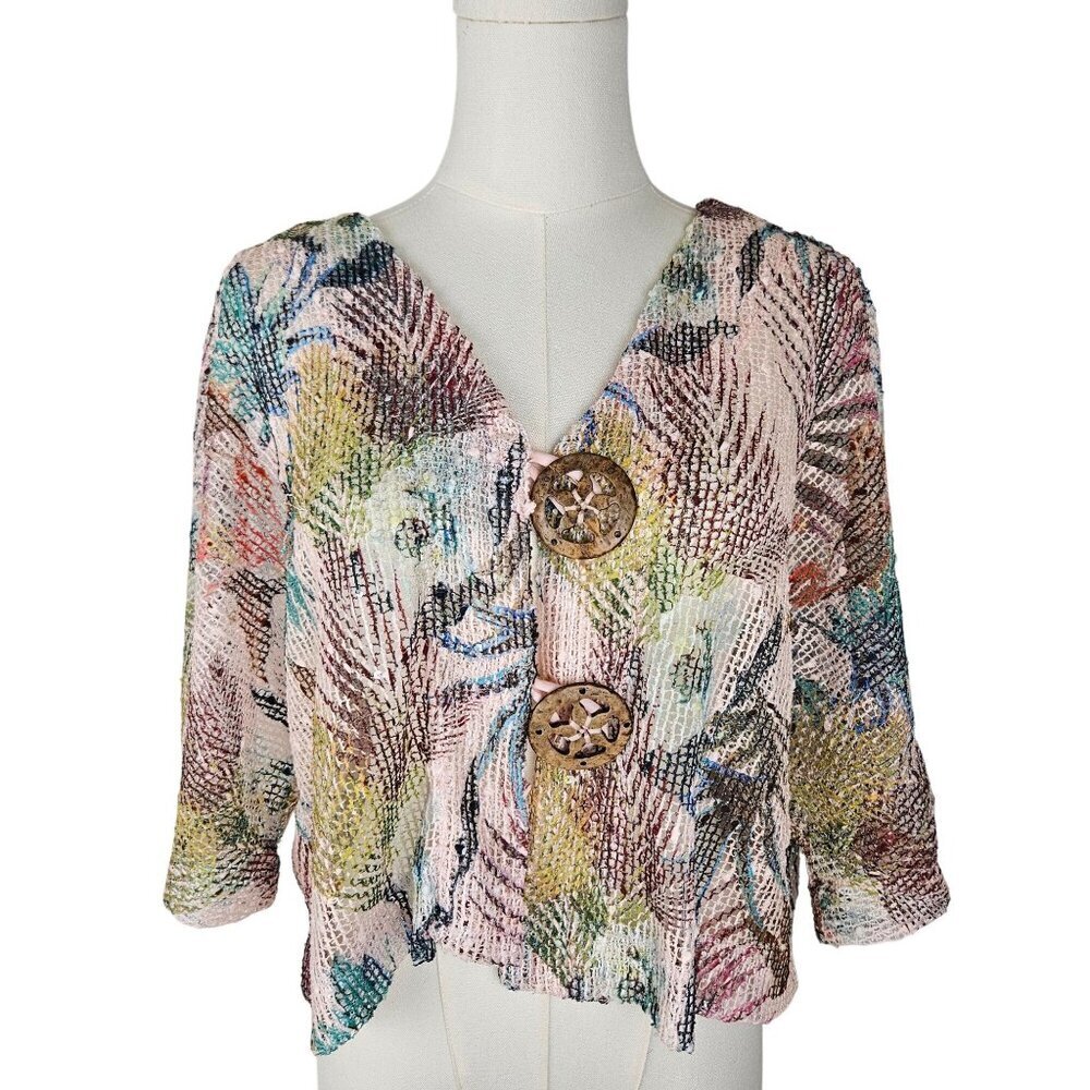 Soft Surroundings Cropped Cardigan‎ Sweater Small Tropical Leaf Mesh-Weave Pink